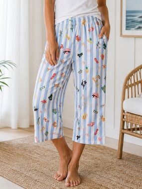 Kate Spade Beach Print Cropped Pajama Pants Blue Stripe M